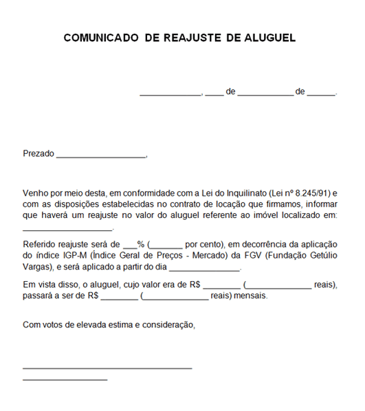 Modelo de Comunicado de Reajuste de Aluguel Word e PDF