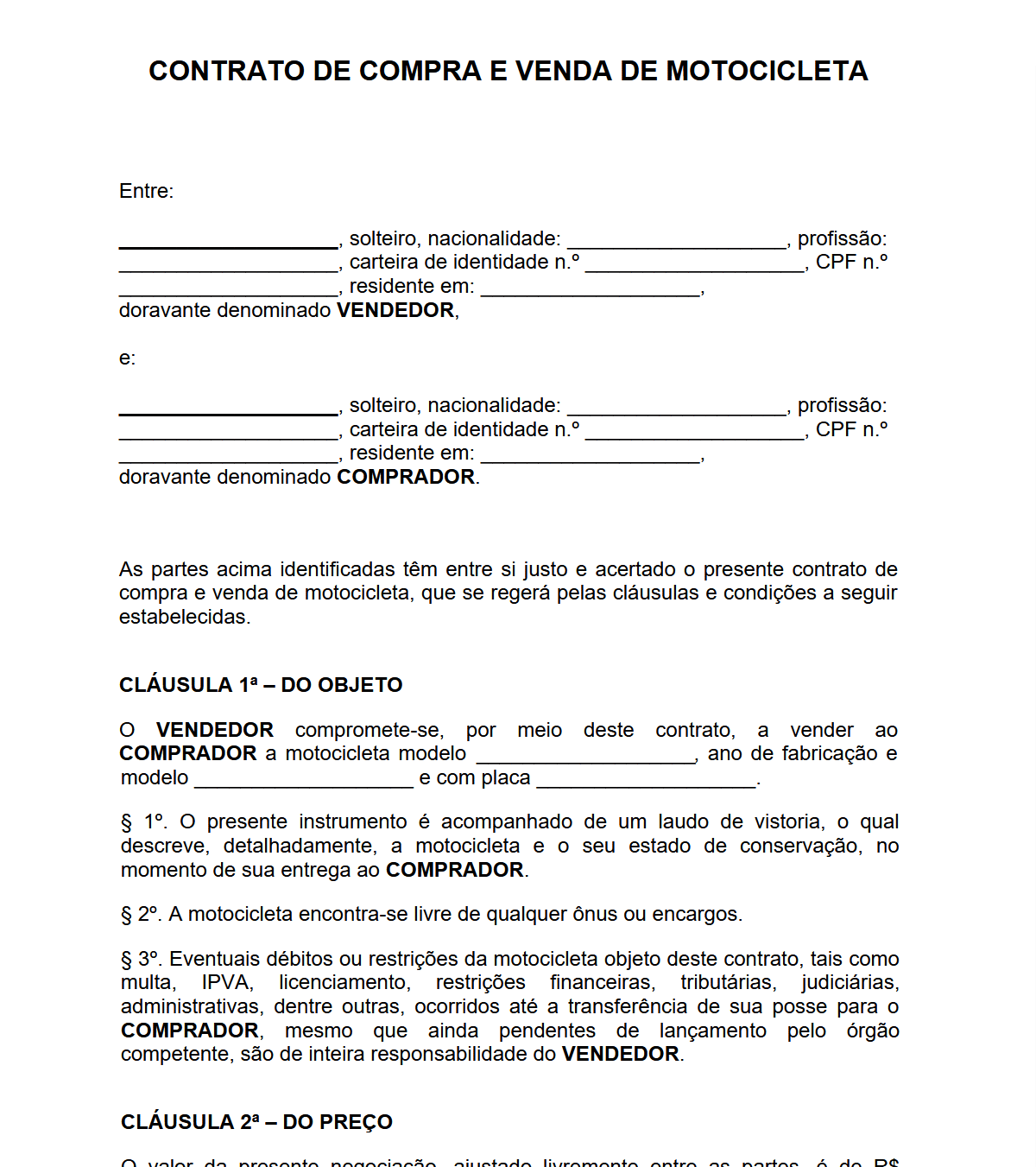 Contrato de Compra e Venda de Moto